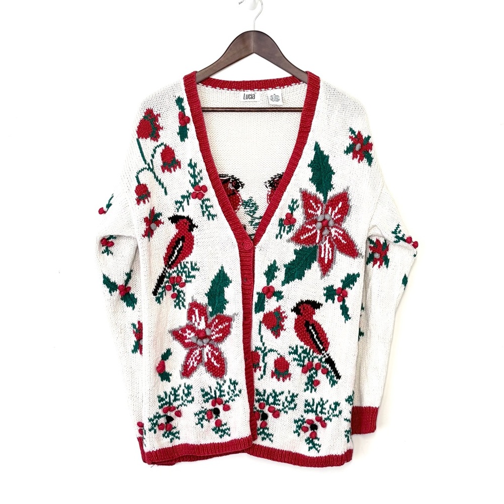 Vintage Holiday Cardinal Cardigan | Poinsettia Christmas Sweater | Cotton | M - Picture 1 of 9